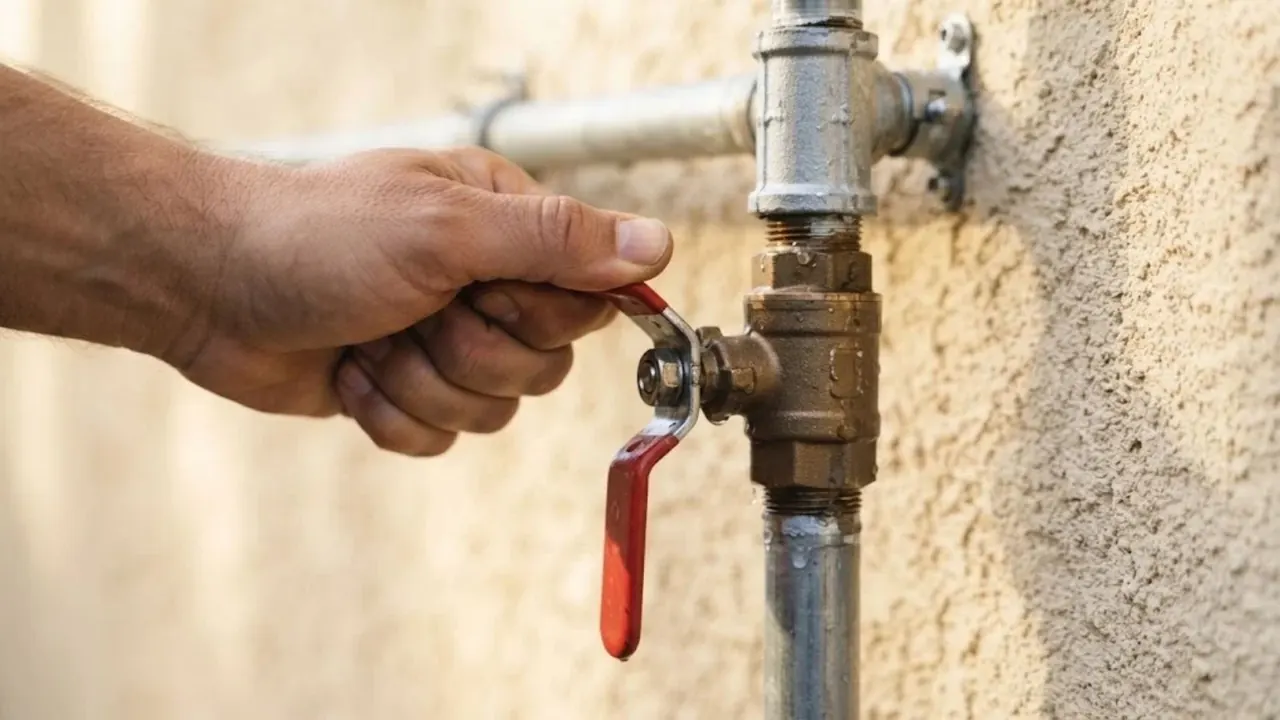 Hand closing a main water shutoff valve, emergency plumber in Downey, CA